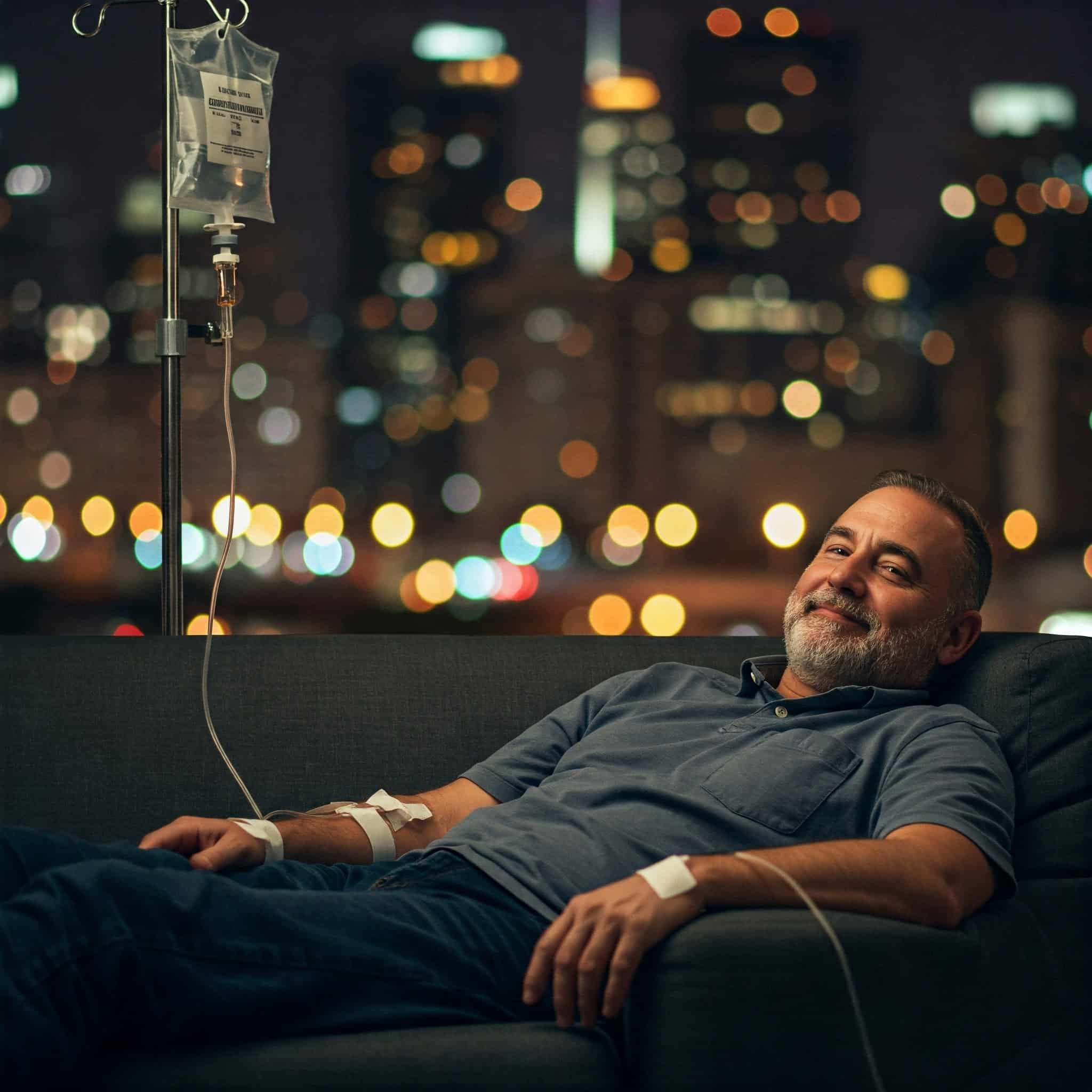 man having an iv therapy for a hangover